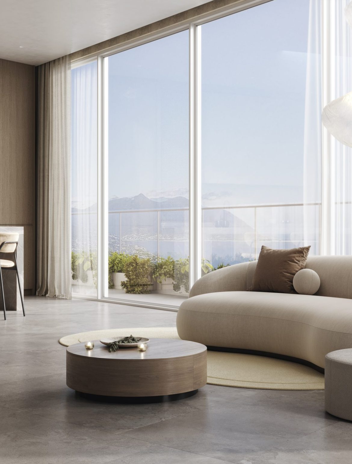 Stylish living room with kitchen in warm natural colors, interior with white sofa 3d rendering